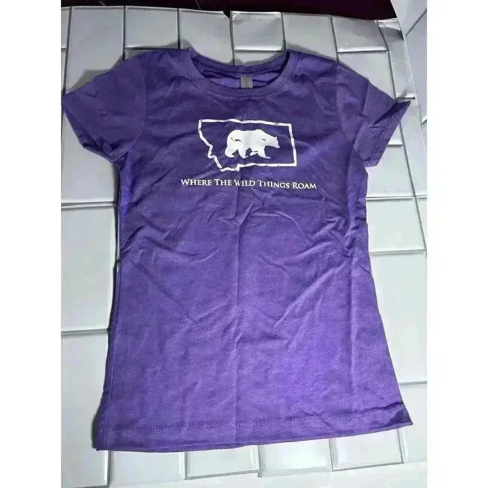 Where The Wild Things Roam Montana T-shirt Purple Grizzly Bear Size M (7-8) New